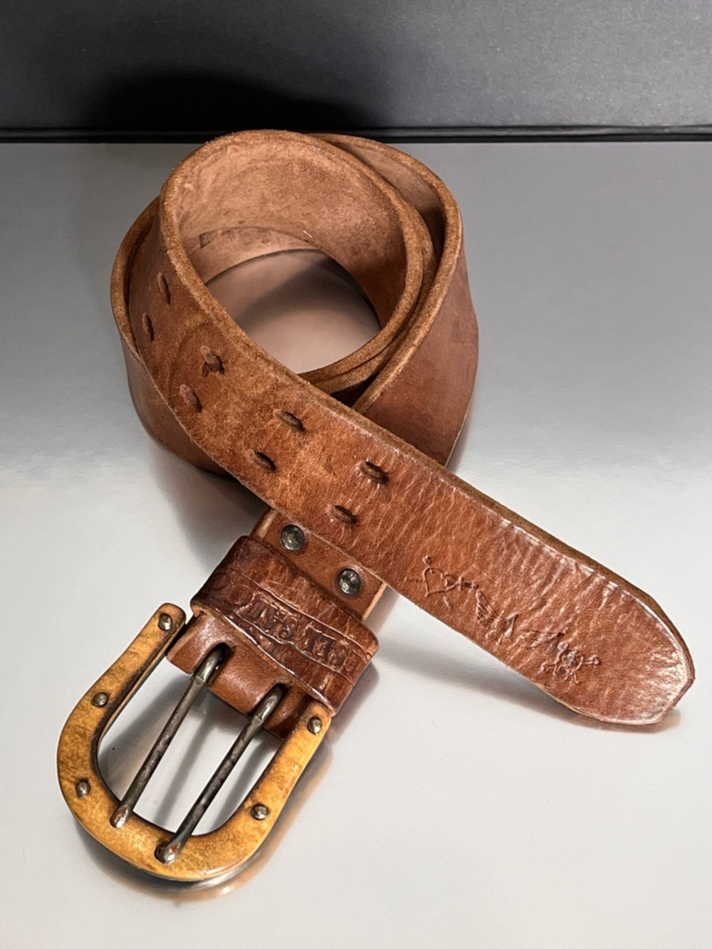 Diesel Only The Brave Brown Distressed Leather Belt Double Prong Buckle 90cm Y2K